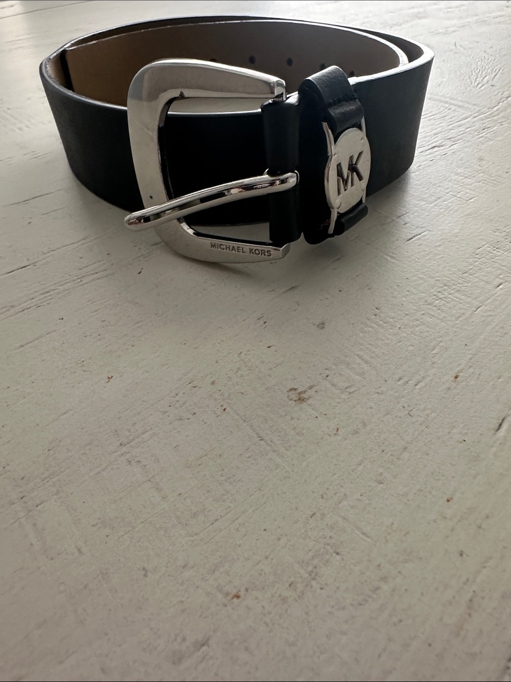 Michael Kors Black Leather Men's Belt with Silver MK Buckle